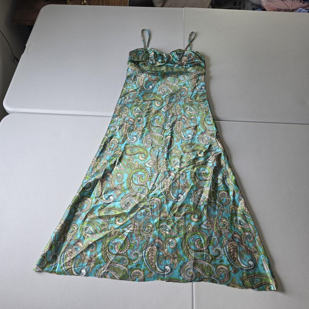 Y2K City Triangles Dress Medium Blue Paisley Satin Midi Empire
